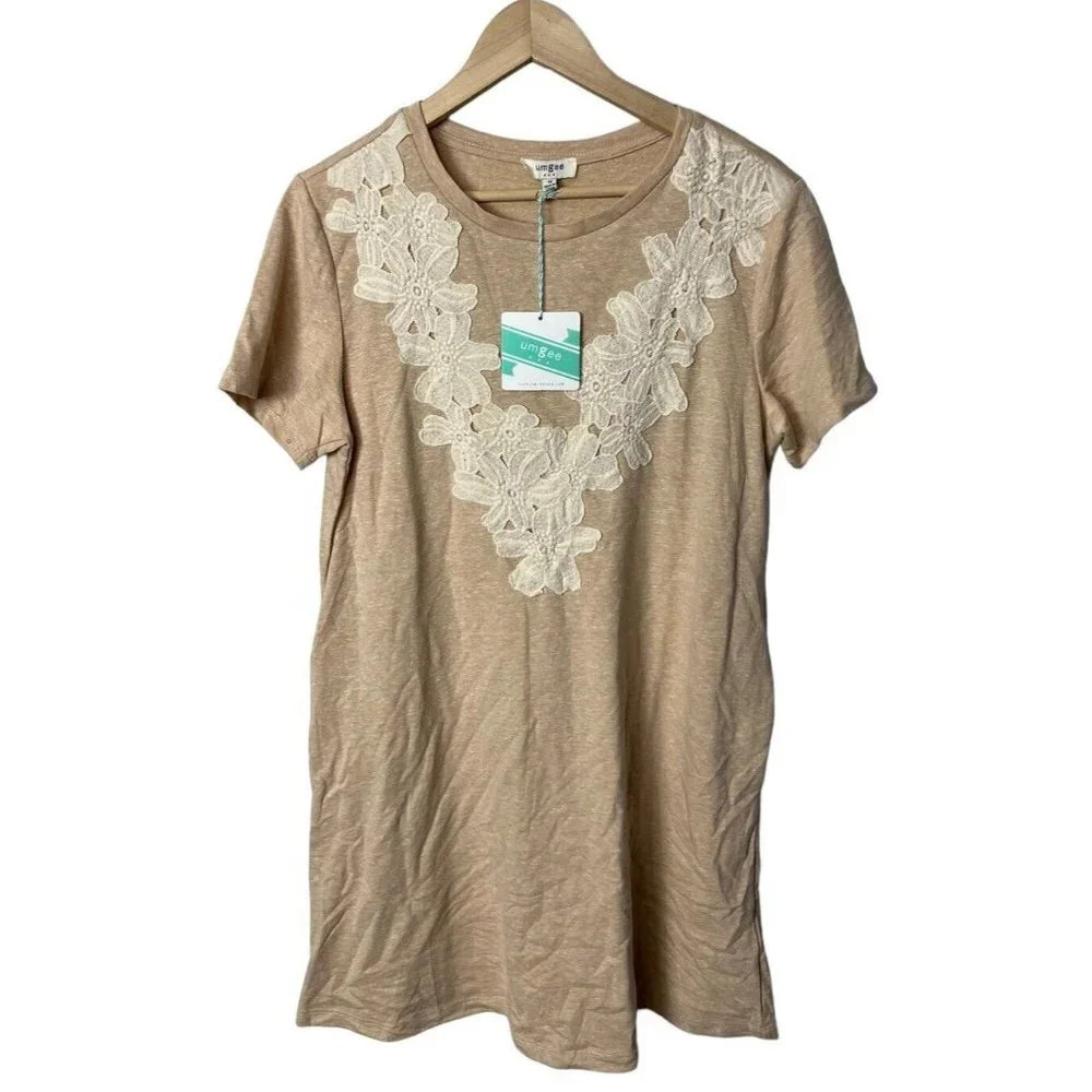 NWT Umgee Lace Embellished Pocket Shirt Dress Size Medium Tan Khaki Women’s